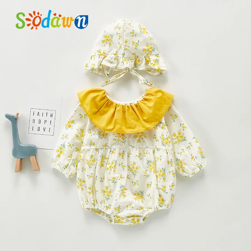 

Sodawn/2021 для новорожденных Ползунки для маленьких девочек одежда с длинным рукавом, рубашка с воротником в форме листьев лотоса с цветочным р...