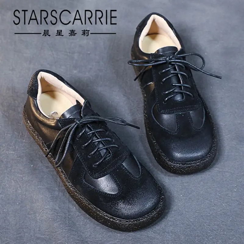

2021 spring new frosted leather single shoes women's flat bottom ox tendon soft sole leather retro lace up women's shoes