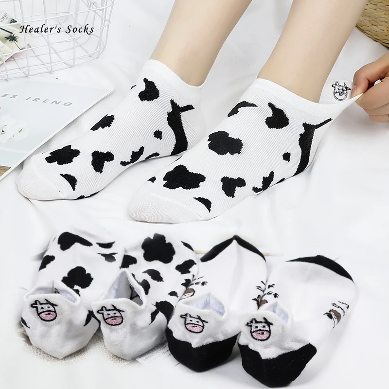 

New Cute Milk Cow Men and Women Socks Cotton Color Black White Plaque Harajuku Happy Fashion Funny soft Casual Girls Short Socks