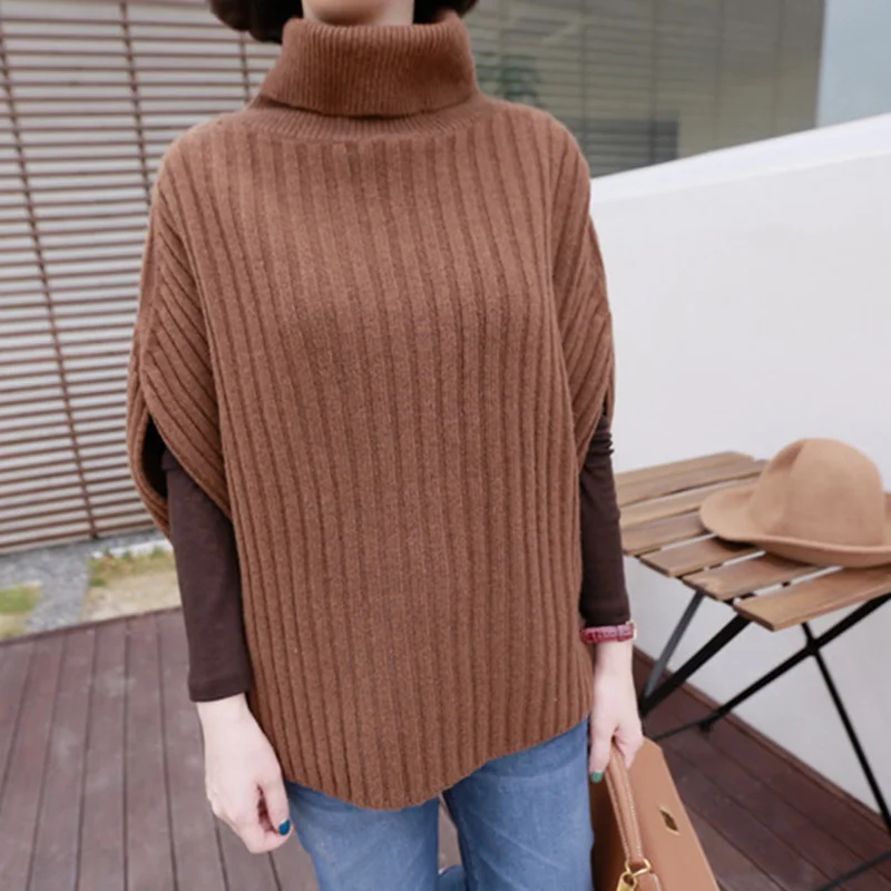 

Women Loose Turtleneck Knitted Wool Cashmere Blends Vest Women's Batwing Sleeveless Pullover Ribs Thick Fashion Winter Knitwear