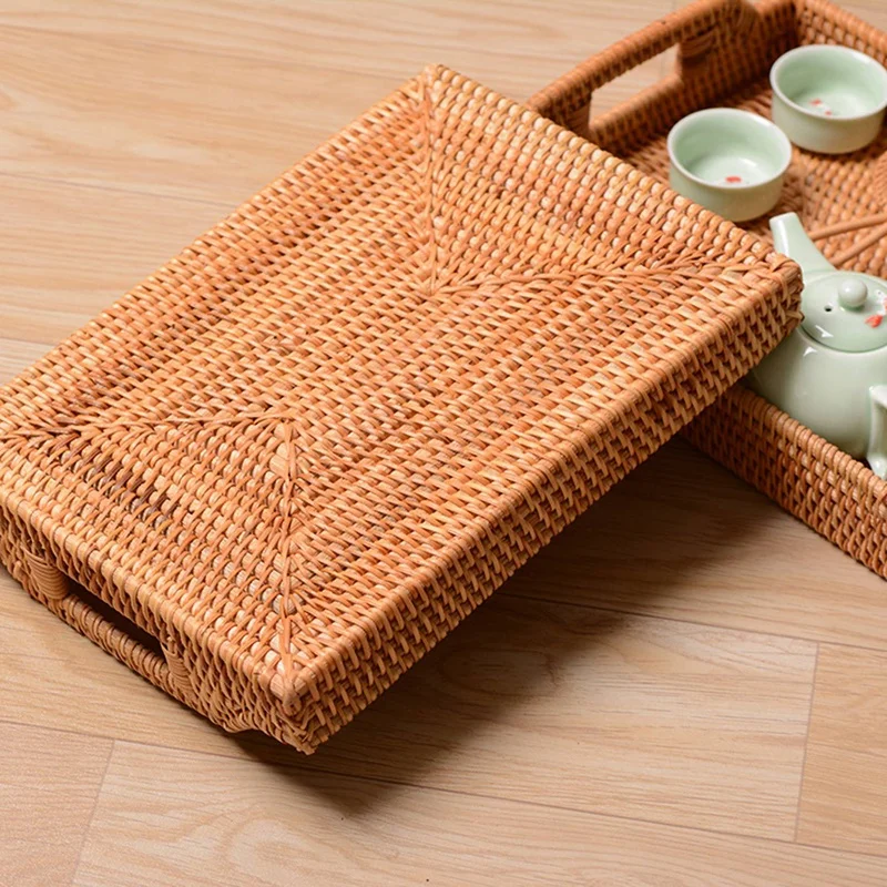

1x Rattan Woven Storage Fruit Basket 14.5X10.2 Inches & 2x Rattan Handwoven Round High Wall Severing Tray (S+L)