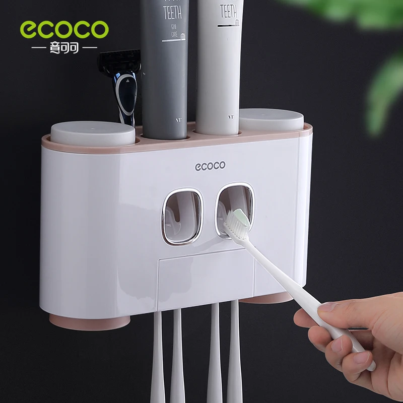 ecoco automatic toothpaste extrusion bathroom accessories receptacle with 4 cups dustproof toothbrush holder wall mounted free global shipping
