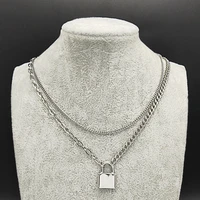 double layer stainless steel goth jewelry lock chain pendants necklace for women men punk maxi collier long necklace gift 2021