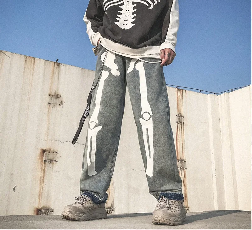 

2021 Y2K Gothic Flared Pants Loose Men Jeans High Waist Wide Legs Straight Cargo Pants Skull Print Fashion Pants Streetwear