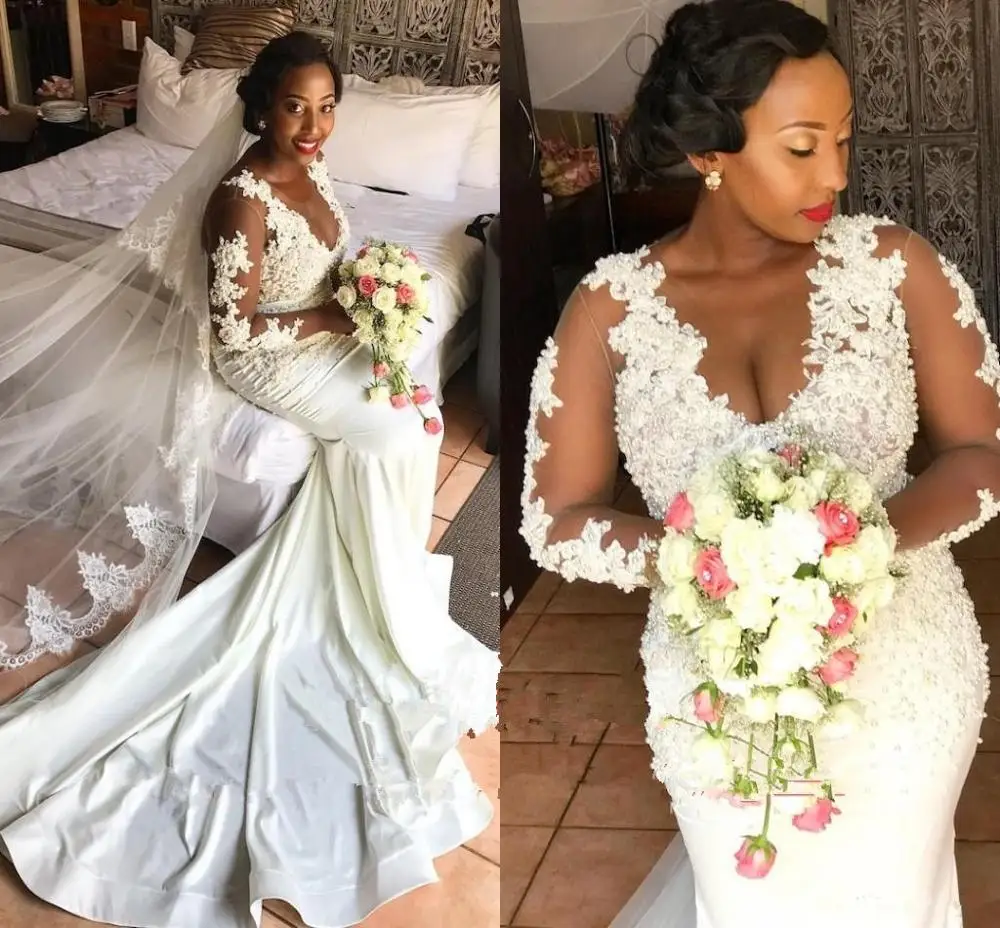 

Jewel Neck Mermaid African Wedding Dresses With Long Sleeves 2021 Sexy Plus Size Bridal Dress Wedding Gowns Vestidos de Novia