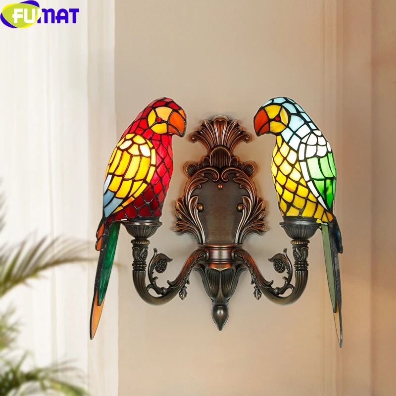 

FUMAT Staied Glass Wall Lamp Parrot Double Lights Tiffany Style Rose Blue Red Bird Nest Background Aisle Porch Mirror Home Decor