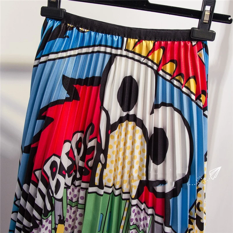 

Summer Multicolor Printing Women Skirts Mid-Calf Pleated Skirt European High Street Style Summer Skirts Carton Casual Skirts
