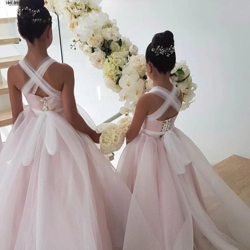 

Glitter Pink Flower Girl Dresses Criss-cross Ribbons Wedding Party Dress Bow Sashes Shiny Celebrity Dresses Princess Dress