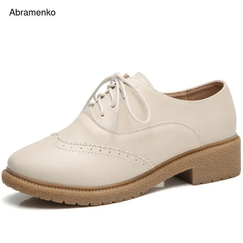 Abramenko Genuine Leather Women Brogue Lace Up Vintage Shoes Classic Flat Low Heels Oxfords Boots Schoenen Vrouw Plus Size 9 | Обувь