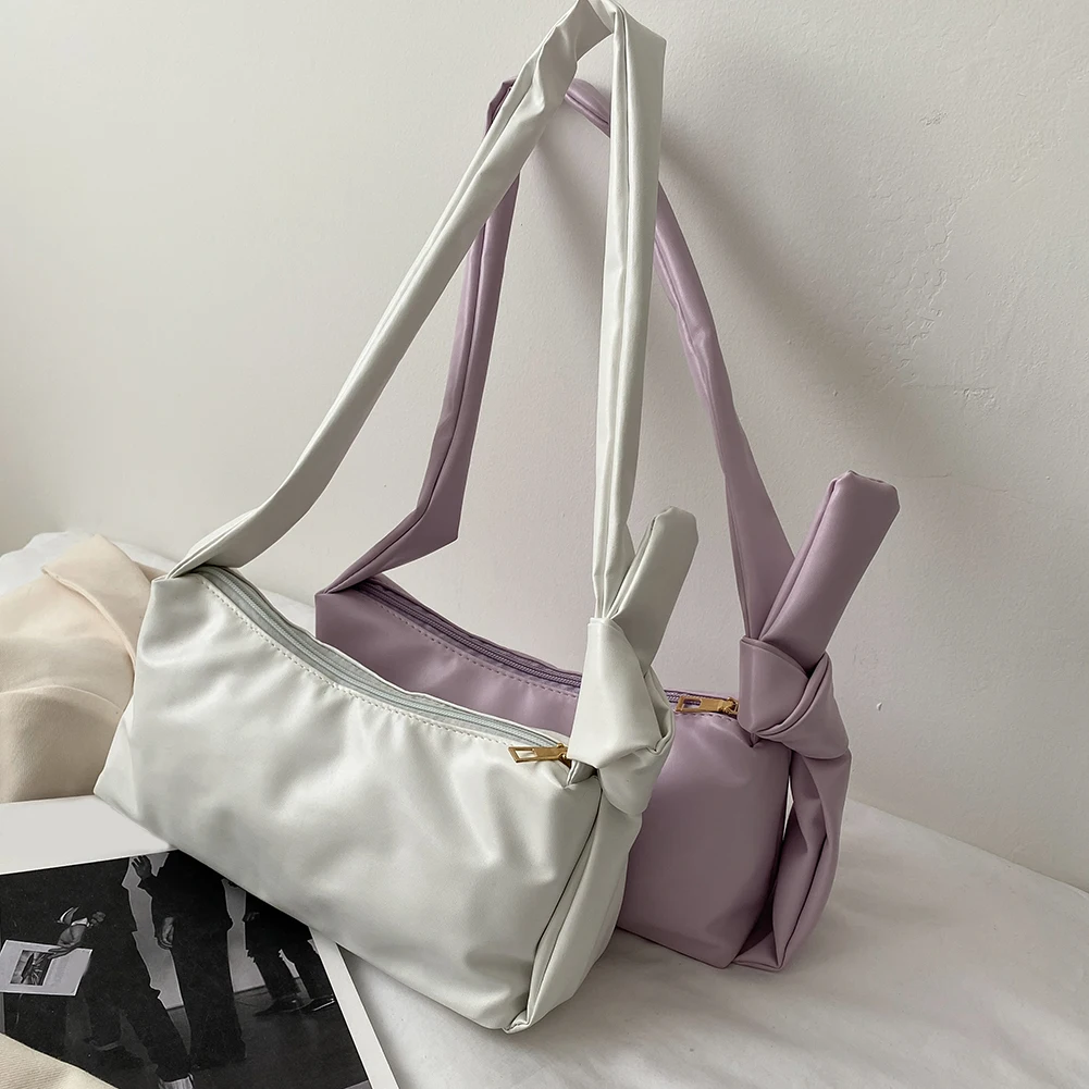 

New Fashion Women PU Leather Solid Color Shoulder Bag Underarm Bag Ladies Soft Vintage Zipper Bowknot Design Handbag Tote