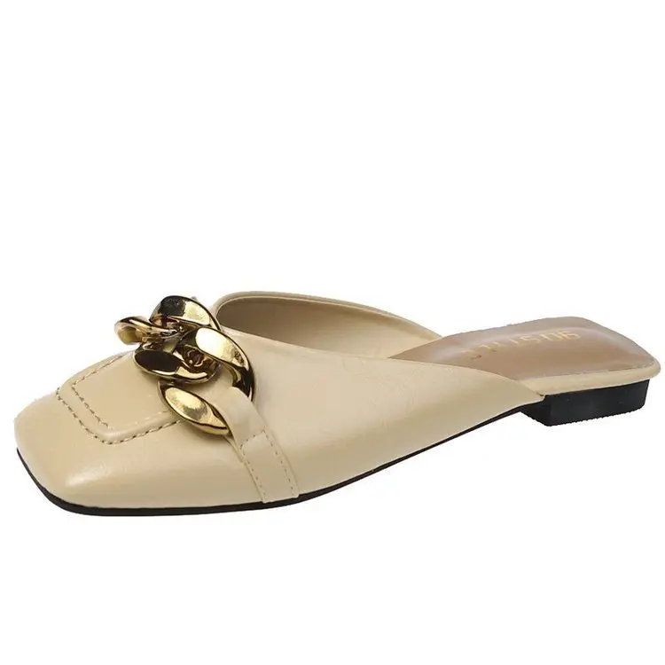 

Shoes Woman 2021 Female Slippers Square Toe Loafers Rivet Luxury Slides Low New Summer Flat Designer Cover Rubber Metal Decorati