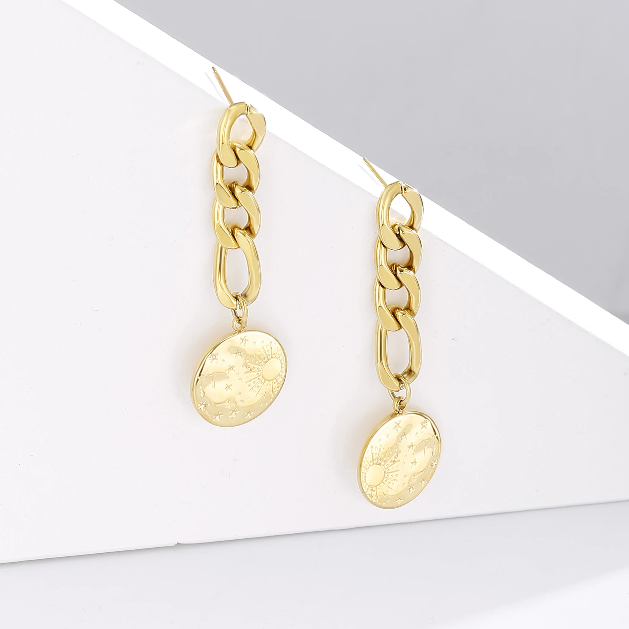 

Женские Висячие серьги из нержавеющей стали с металлической текстурой, простые круглые серьги-цепочки с геометрическим рисунком 16 к, высок...