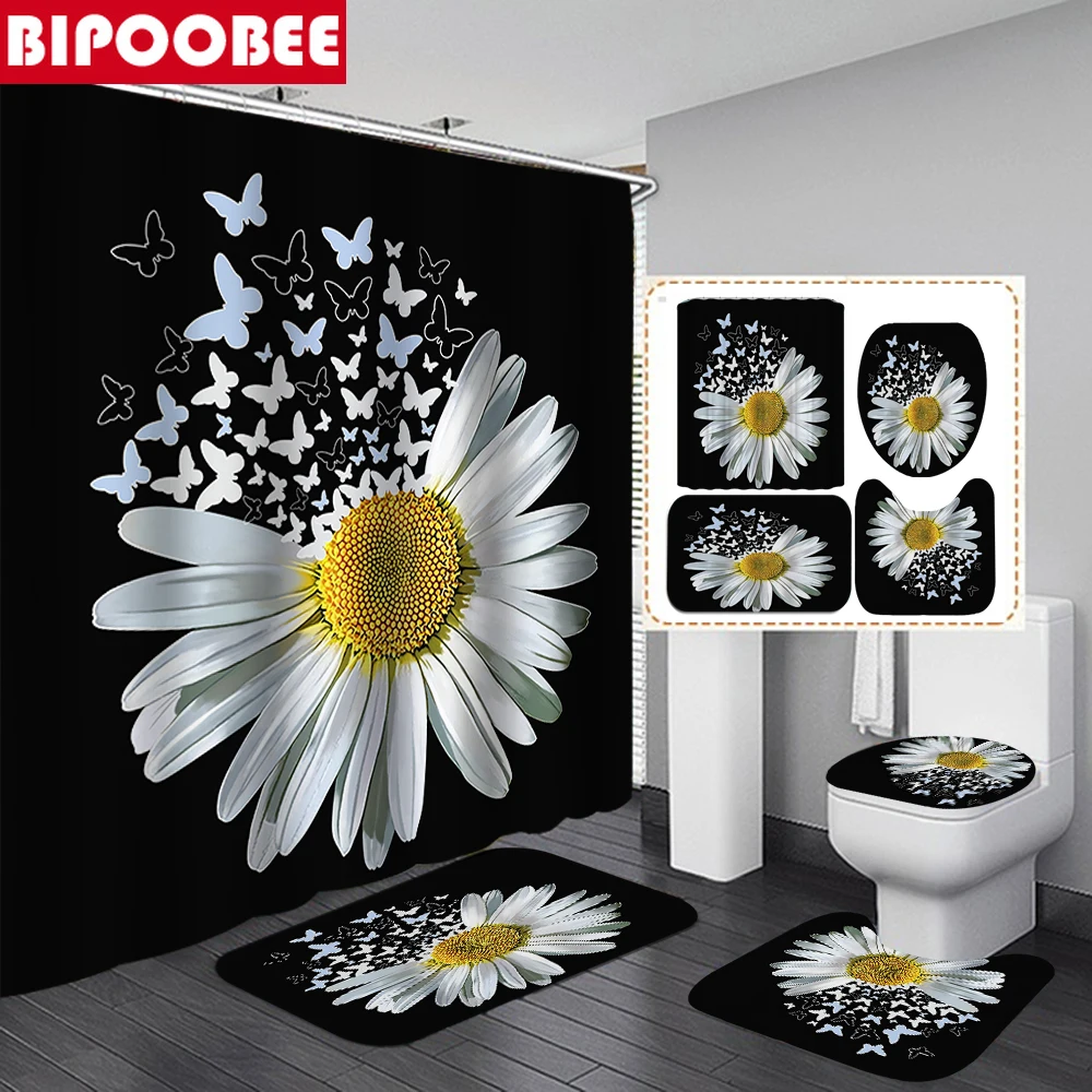 

White Butterfly Flower Shower Curtain Set Bath Mats Rugs Toilet Cover Non-slip Carpet Bathtub Curtains Sunflower Bathroom Decor