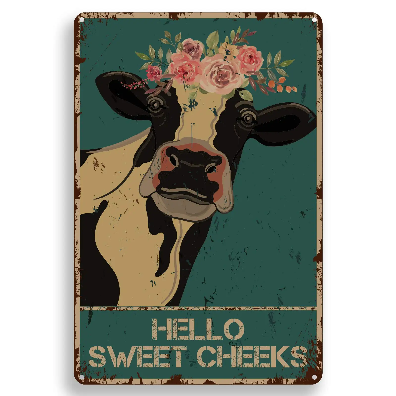 

Funny Bathroom Quote Metal Tin Sign Wall Decor - Vintage Hello Sweet Cheeks Cow Tin Sign for Office/Home/Classroom Decor Gifts
