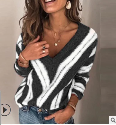 

European and American spring and autumn new women's fashion V-neck striped sweater plus size Women's sweater