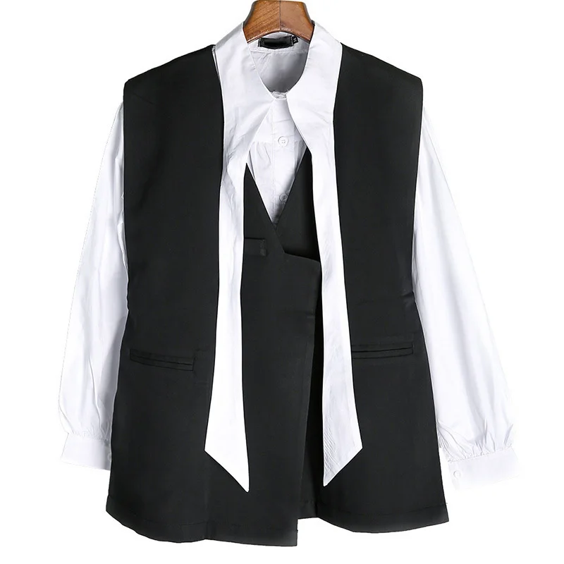 

[EAM] Women Irregular Spliced Big Size White Blouse New Lapel Long Sleeve Loose Fit Shirt Fashion Spring Autumn 2021 1DD4505