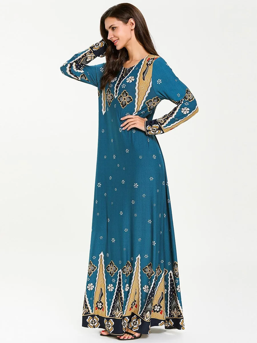 Plus Size Women Arab Muslim Dress Islamic Clothing Print Floral Big Swing Maxi Abaya Dresses Dubai Kimono Musulman Robe |
