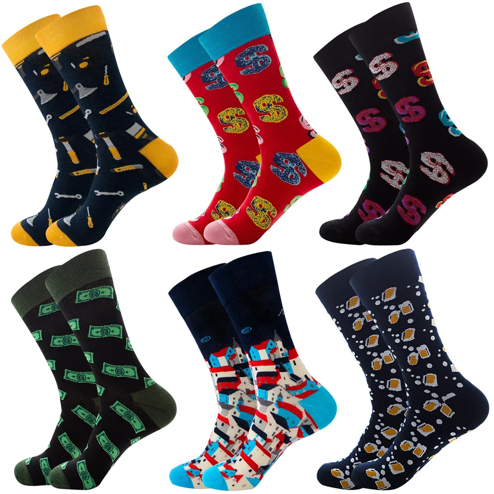 6 Pairs Men Socks Cotton Casual Personality Design Funny Hip Hop Streetwear Happy Socks for Men Woman Big Size Socks