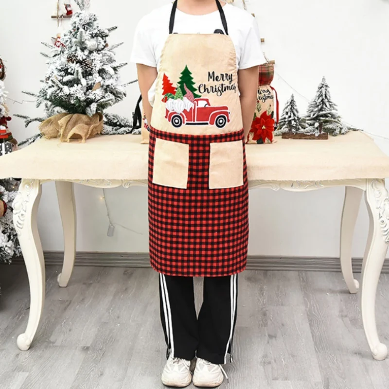 Новогодний фартук черно-красные клетчатые шейные подвесные фартуки с передним