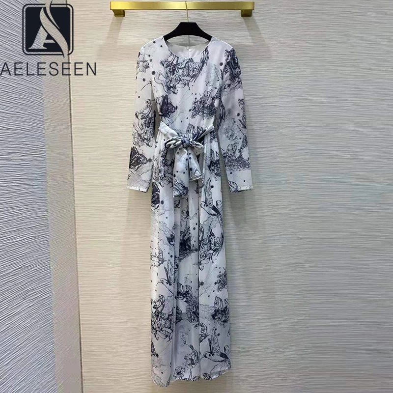 

AELESEEN Runway Fashion Long Women Dress 2021 Designer Spring Summer Flower Print Sashes Elegant Party Holiday Dress