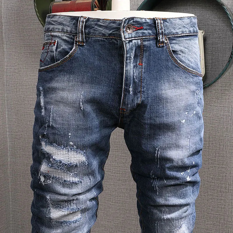 European American Vintage Fashion Men Jeans Retro Blue Elastic Slim Ripped Jeans Men Patchwork Designer Painted Denim Punk Pants