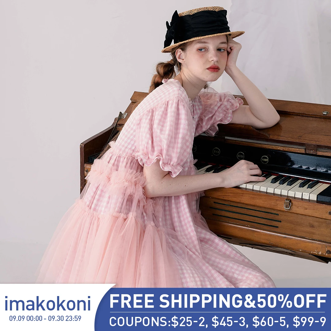 

Цельная газовая юбка imakokoni в клетку, юбка средней длины с круглым вырезом, милая и тонкая женская юбка с коротким рукавом на весну и лето