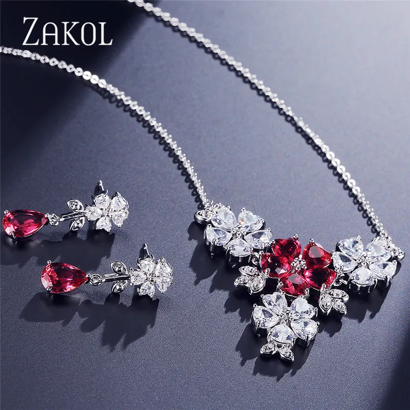 Red ZAKOL модный белый цвет круглый кубический циркон серьги ожерелье наборы свадебных ювелирных изделий для женщин Свадебные распродажа FSSP169 - Окраска металла: Red