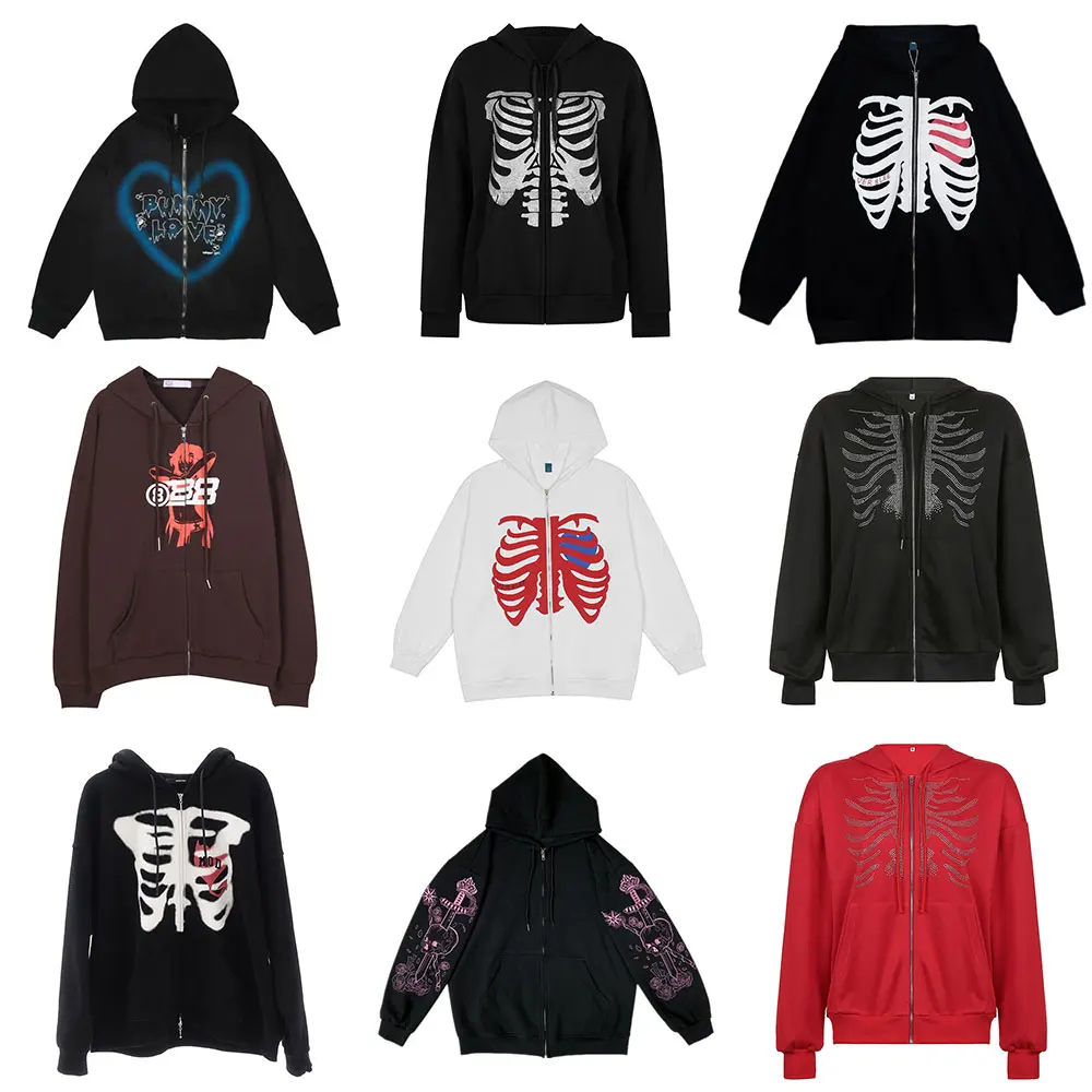 

Корейский стиль Стразы Готическая уличная одежда с длинным рукавом черная толстовка на молнии Y2k Толстовка в стиле хип-хоп модное пальто в с...