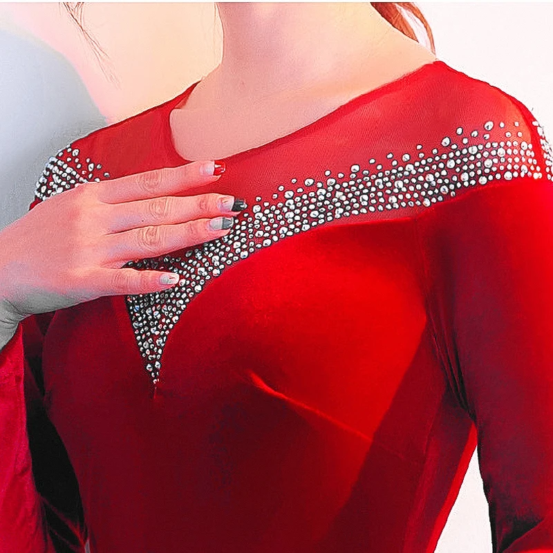 

Evening Dresses Illusion O-neck Crystal Full Sleeves Zipper Floor-length Trumpet Velour Customized Plus size Formal Dress R1137