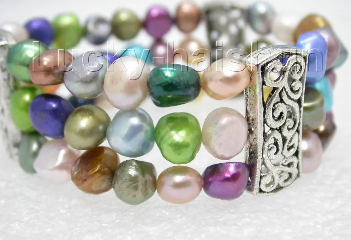 Бесплатная доставка&gt Эластичные! 3 ряда 9 мм многоцветный барокко Жемчуг Браслет