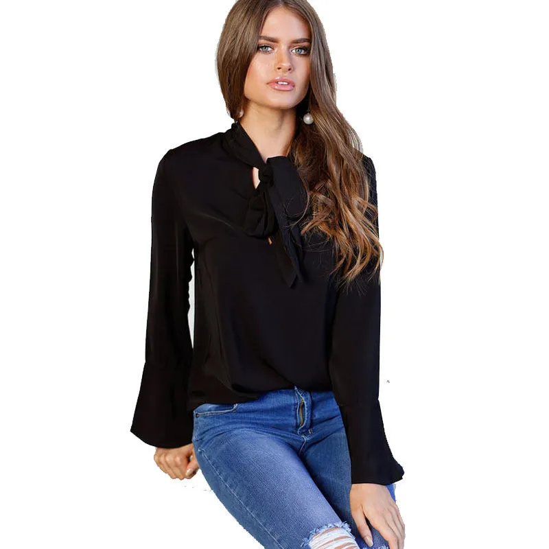 Черная элегантная шифоновая блузка с бантом и воротником Женская однотонная