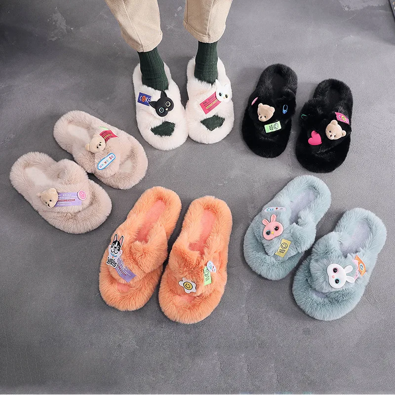 Pattern Cross  Winter Cotton Slippers Female Macaron Rabbit Personality Home Cotton Slippers Warm and Comfortable Home