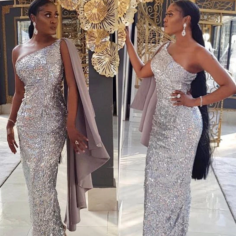 

Prom Dresses Long Trumpet Mermaid Floor Length For Women One Shoulder Silver sequins Special Occasion Formal Evening Gown