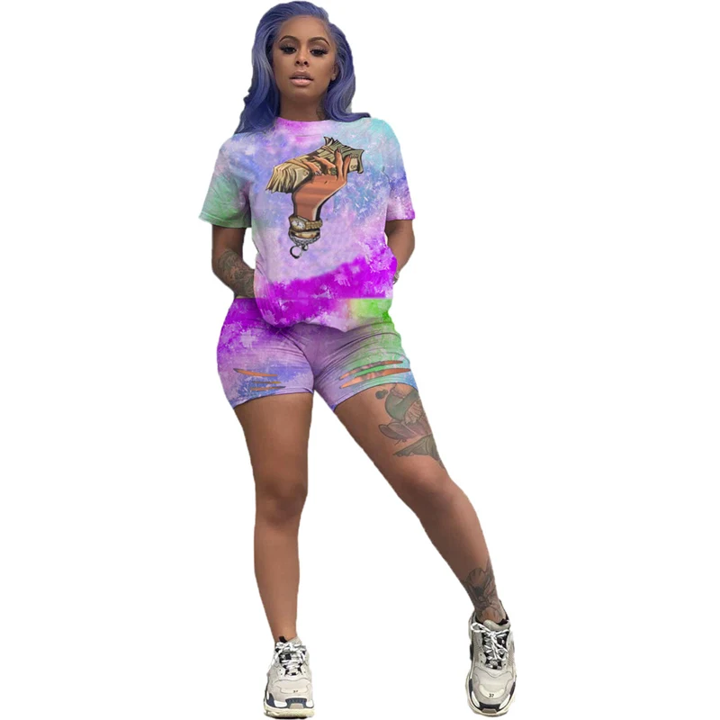 

2021 Summer Tie Dye Two Peice Matching Set Bodycon Biker Short Sleeve Tops Tshirt And Shorts Fahsion Streetwear Club Outfits