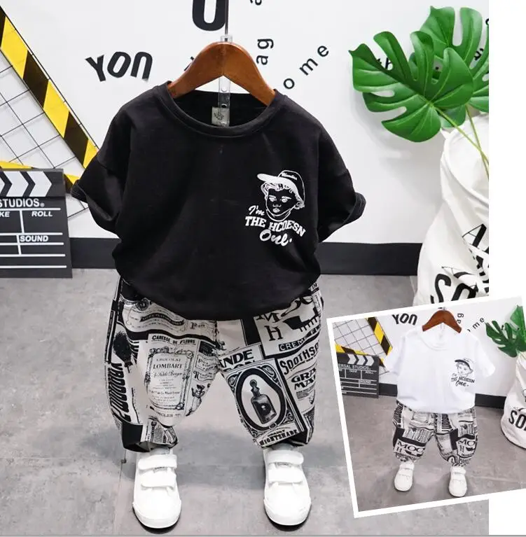 

Summer Kids Toddler Boy Cartoon letters T-shirt + pants 2-7Years Clothing Set Short Sleeve Cotton Suit Children Clothing set