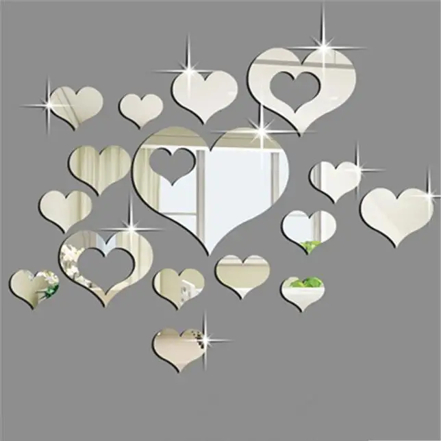 15pcs3D Mirror Wall Sticker Wallpaper Acrylic Heart Shaped Removable Art Deco Silver Living Room Decoration | Обустройство дома