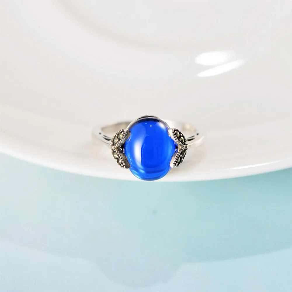 

S925 Sterling Silver Jewelry Retro Court Royal Style Round Blue Corundum Leaves Rings Hollow Out Pattern Simple Fashion Women