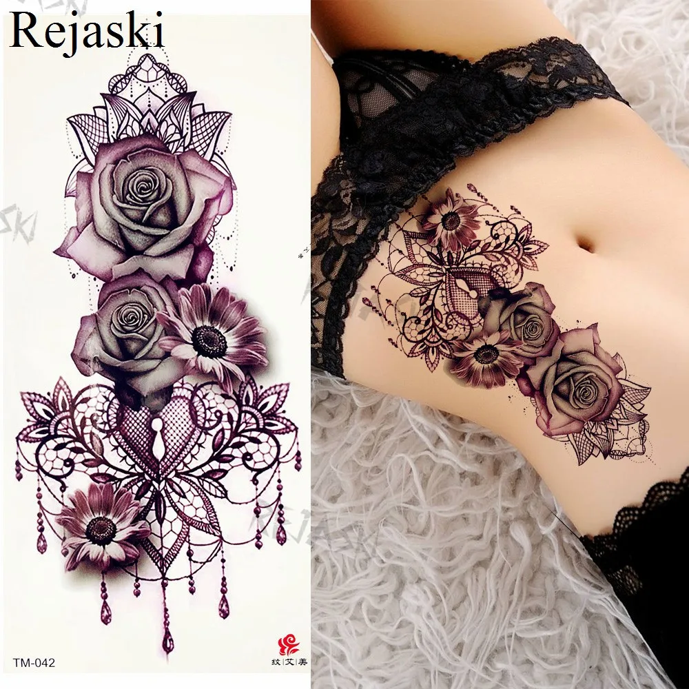 Purple Rose Jewelry Water Transfer Tattoo Stickers Women Body Chest Art Temporary Tattoo Girl Waist Bracelet Flash Tatoos Flower images - 6