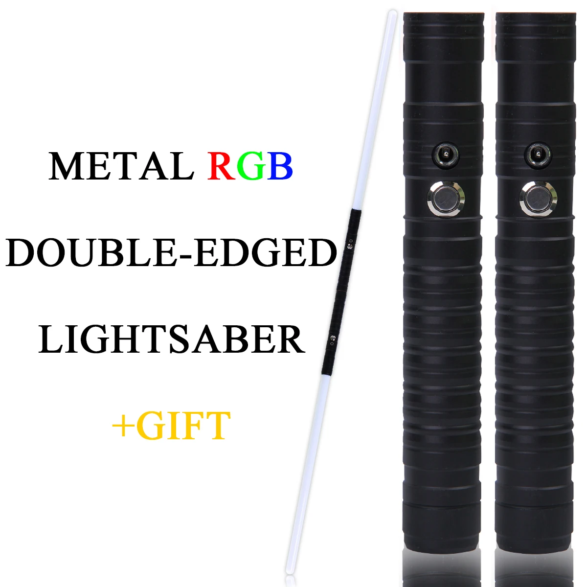 

Duplo-gumes sabre de luz rgb 7 cores mudança led laser espada dois em um som sabre comutável punho de metal completo cosplay s