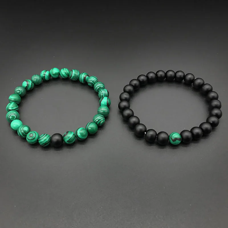 

Natural Stone Beads Bracelets Lucky Charm 8mm Dumb Black Grind Stone Malachite Couple Bracelets Bracelets for Men Women