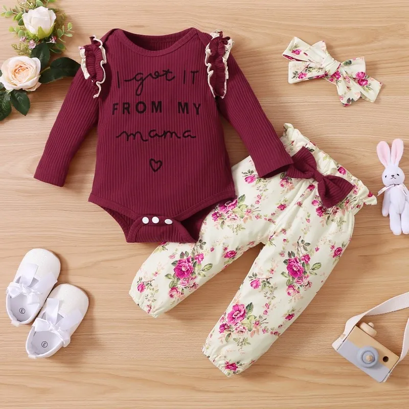 

Hibobi Baby Girl Sweet Ruffle Letter Print Long Sleeve Romper Floral Pants Three-piece
