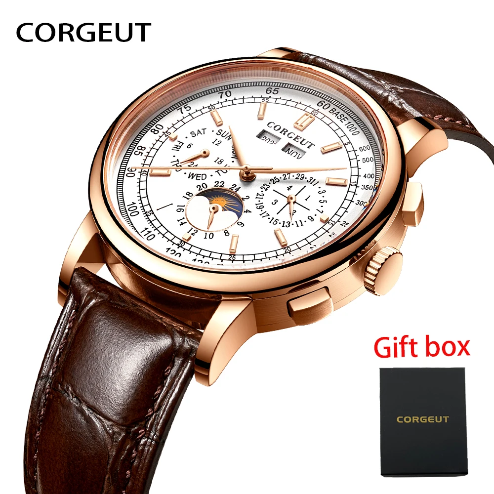 

CORGEUT Luxury Business Multifunction Mens Watches Male Clocks Date Sport Military Leather Mechanical Clock Orologio da uomo
