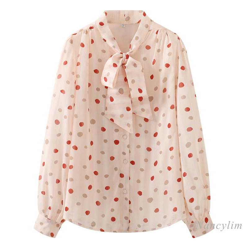 

Womans Blouses 2021 New Vintage Bow Shirt Chiffon Polka Dots Long Sleeves Outerwear Office Lady All-Match Tops Blusas Femme