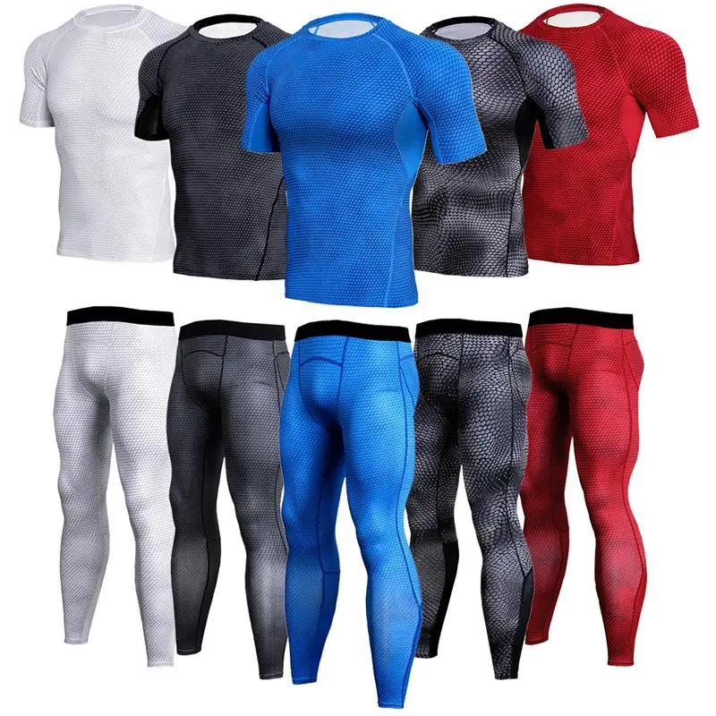 

Gym Compression Tracksuit Men Set O Neck Running Short Sleeve Shirts Traning Long Men's Pants Elastic Fitness Sportswear Fashion
