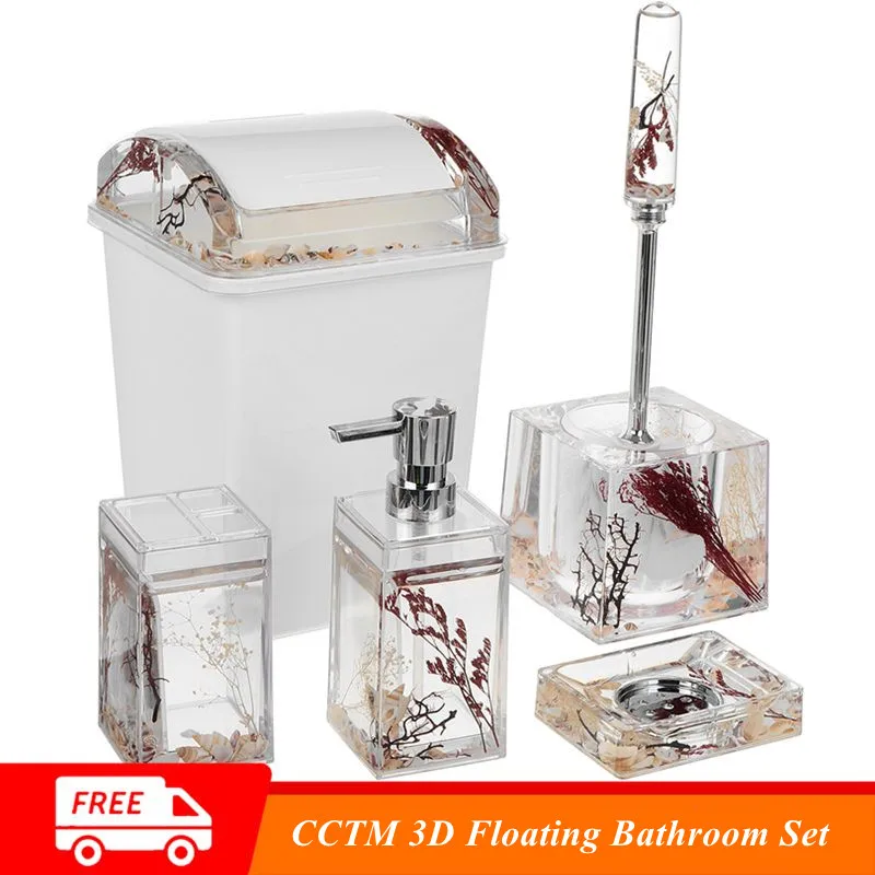Bathroom Set Liquid 3D Floating Shell Rose Petal Toothbrush Holder Soap Dispenser Toilet Brush Trash Can Bathroom Essential Set