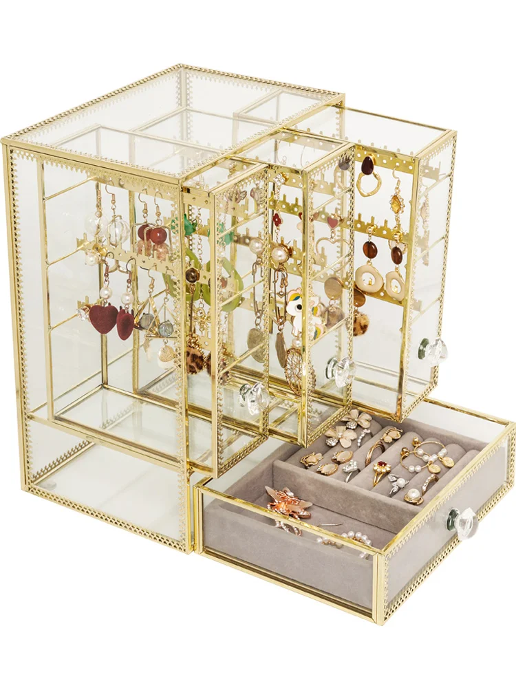 

TT European-Style Glass Jewelry Box Ring Necklace Earring Storage Box Finishing Box Earrings Shelf Transparent Ornament
