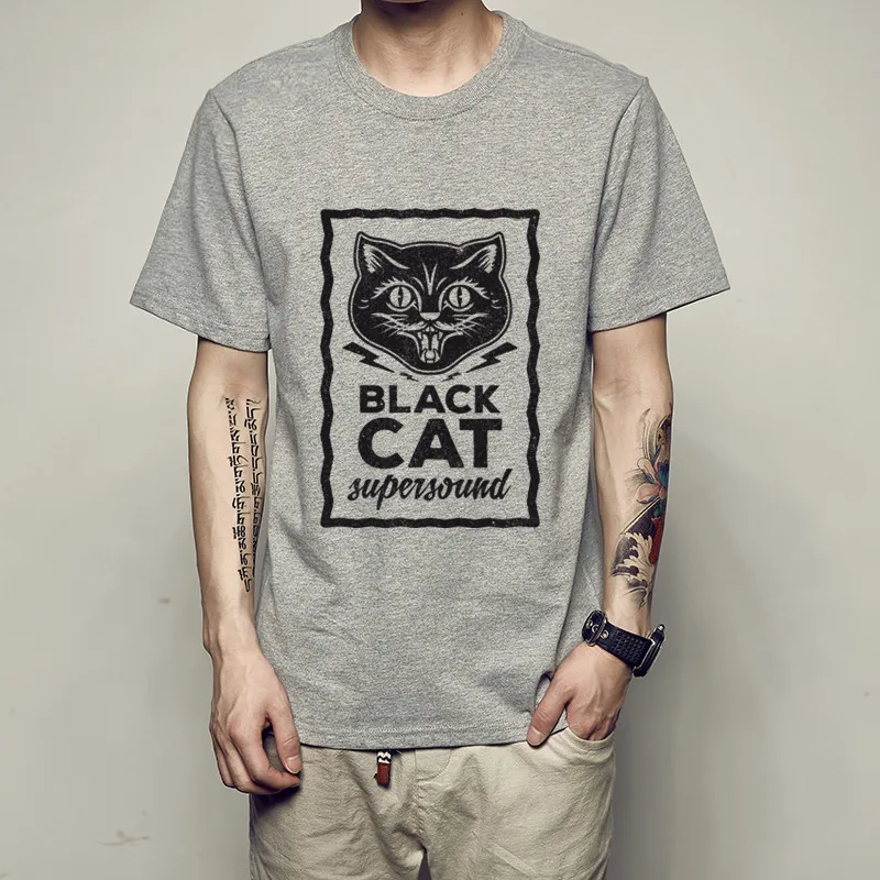 Мужская футболка с черной кошкой топы круглым вырезом футболки в классическом