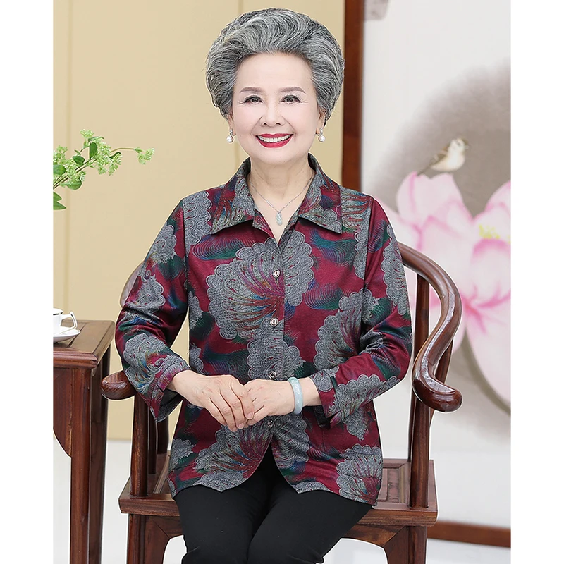 Блузки с длинными рукавами и принтом для матери среднего возраста топы сезон