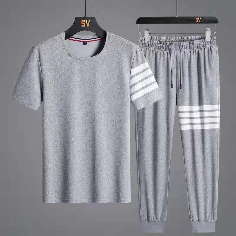 

2021 Spring And Summer Men Leisure Round Collar Stripe Shirt + Sweatpants For Fitness Suits Two-Piece Outfit