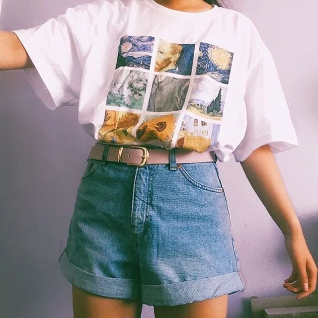 

FAKUNTN kuakuayu HJN Van Gogh Painting Vintage Fashion Aesthetic White T-Shirt 90s Cute Art Tee Hipster Grunge Top
